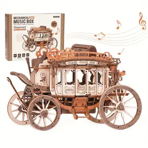 Robotime Rokr 3D Wooden Stagecoach Music Box Puzzle Kit - Easy-to-Build, Handcrafted Basswood Birthday, Anniversary,  AMKA1 Stagecoach