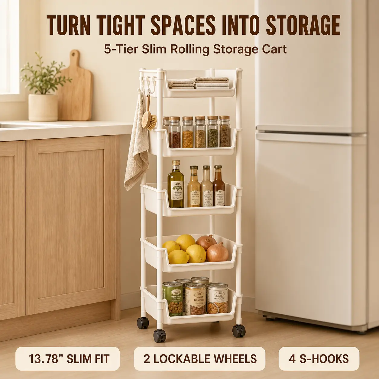 PeaWove Modular Slim Storage Cart with Wheels | 5-Tier Vertical Utility Organizer with Lockable Casters for Narrow Spaces
