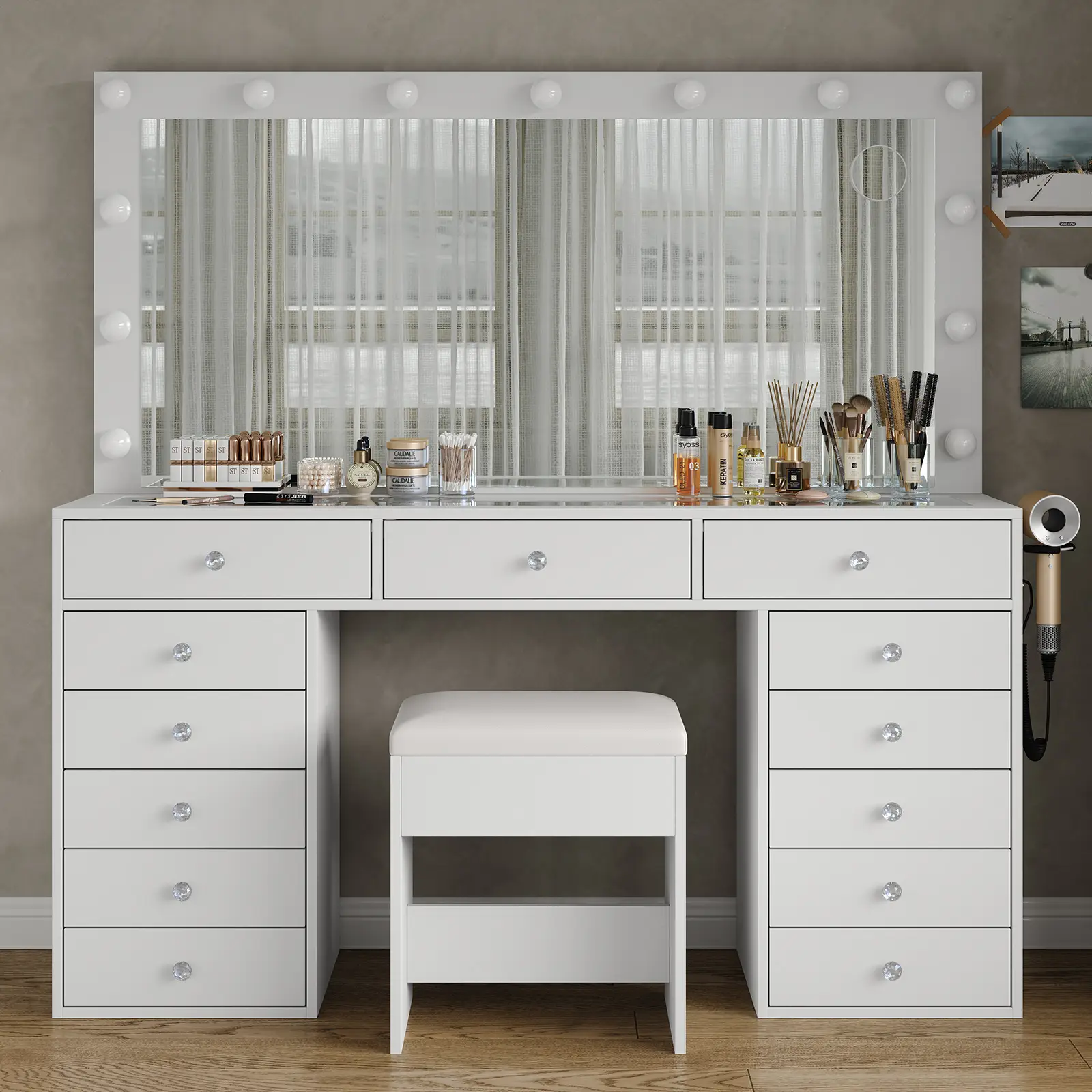 FUSOU 55"W 13 Drawers Vanity Desk, Makeup Vanity with Power Outlet, Vanity Table with Mirror and 13 LED Bulbs, 3 Color Lighting Modes, Glass Top, Dres