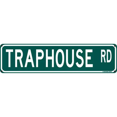 Funny Traphouse Rd Metal Wall Sign, 16"x4" Rude Sarcastic Humor Nail-Mounted Hanging House Decor, Living Room & Man Cave Decor Items for Adult Gifts