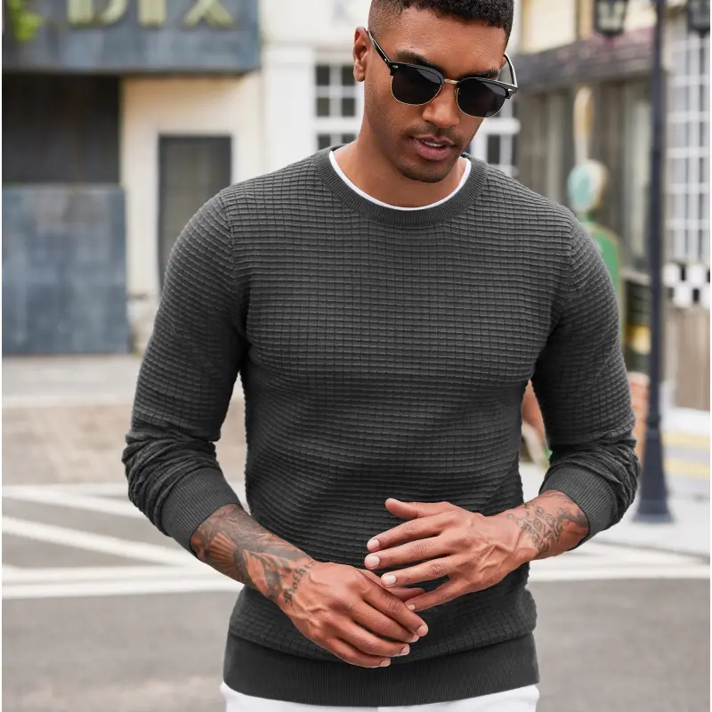 COOFANDY Menswear Pullover Sweatshirt - Waffle Knit Crewneck, Long Sleeve, Polyester Fabric Dress Top for Men, Tops, Slim Fit