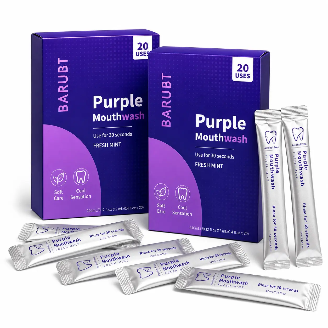 Buy 1 get 1 free Purple Mouthwash - Sachets 20 Pack - Peroxide-Free - Alcohol Free - Vegan Mint Purple Mouthwash Sachets Pack - 20 Count,Peroxide &Alcohol Free, Gentle, Vegan Cool Mint, Cruelty Free