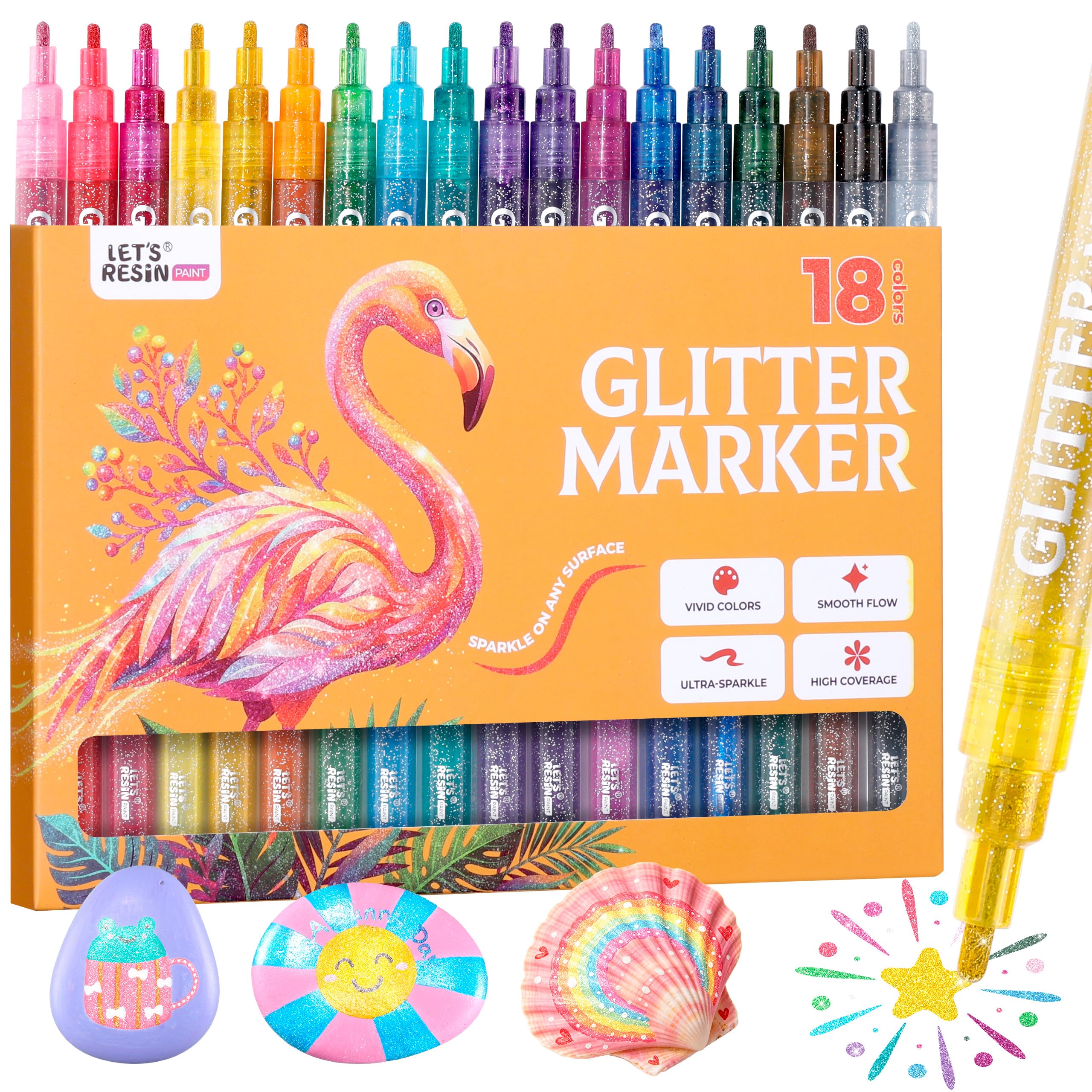 Glitter Markers, 18 Metallic Acrylic Paint Pens, Back to School Art Supplies, Student & Teacher Classroom Essentials, 2mm Shimmer Markers, Water-Based Non-Toxic Pens for Journaling, Cards, Fabric, Rocks & DIY Crafts - LET'S RESIN Glitter Markers, 18 Metallic Acrylic Paint Pens, Back to School Art Supplies, Student & Teacher Classroom Essentials, 2mm Shimmer Markers, Water-Based Non-Toxic Pens for Journaling, Cards, Fabric, Rocks & DIY Crafts - LET'S RESIN