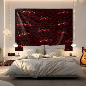 Bold Leopard Print and Cherry Cluster Tapestry, Wall Tapestries, Dark Red Background Wall Hanging Tapestry, Digital Print Tapestry for Home Decor, Eye-Catching Home Wall Art, Perfect for Statement Pieces and Aesthetic Room Design
