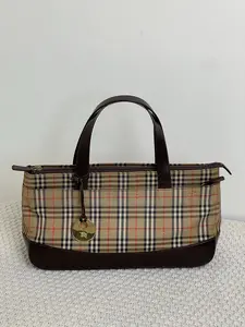 Pre-owned BURBERRY Haymarket Check Tote Bag Vintage Canvas & Brown Leather Horseferry Charm Top Zip Closure Structured Design 13" W x 6" H x 4" D