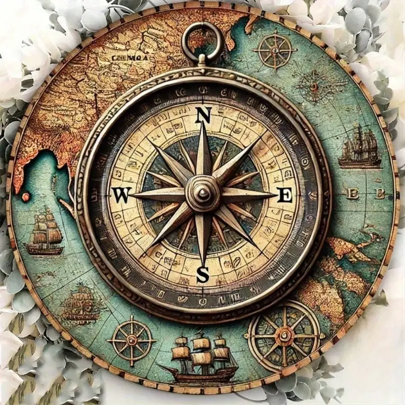 Vintage Nautical Aluminum Compass Wall Decor for Home Office Kitchen Farmhouse Garage Retro One Piece Plaque 8x8 Inch