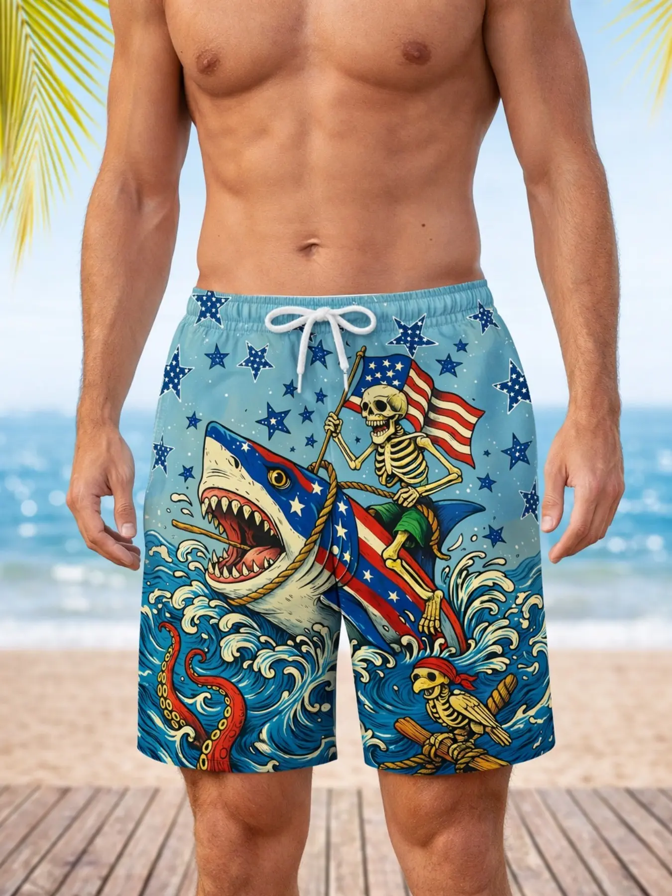 Men's Pirate Skull Shark Print Swim Trunks, Summer Beach Shorts, Swimwear Shorts, American Flag Pattern, Quick-Dry Pants, Fashion Fitted Style