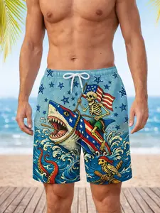 Men's Pirate Skull Shark Print Swimming Trunks, Summer Beach Shorts, American Flag Pattern, Quick-Dry Pants, Fashion Fitted Style