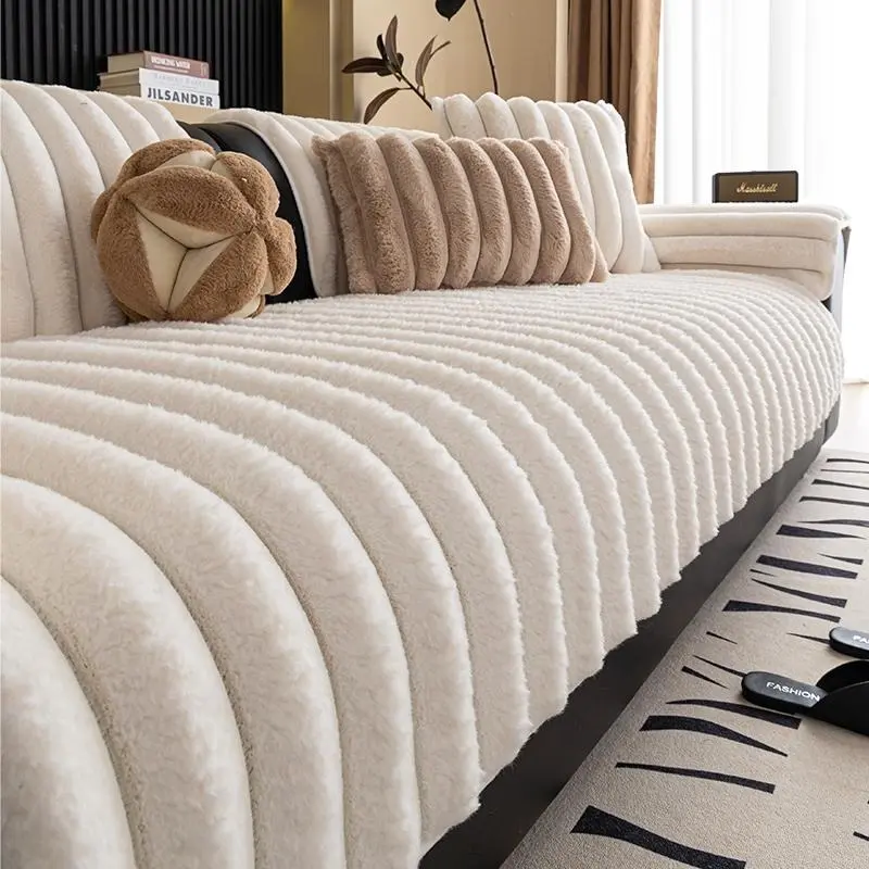 Plush Striped Pet-Friendly Sofa Cover Eco-friendly All-season Dustproof Slipcover for Living Room Bedroom