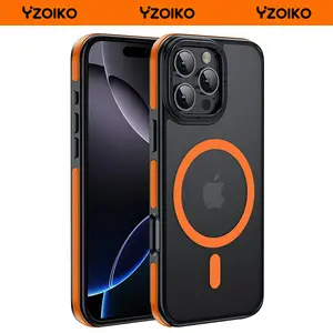 YZOIKO Strong Magnetic Casing for iPhone 16 Pro 6.3 inch - 10Ft Military-Grade Shockproof Slim Thin Smartphone Cover, MagSafe-Compatible Handheld Cellphone Device Orange Bumper