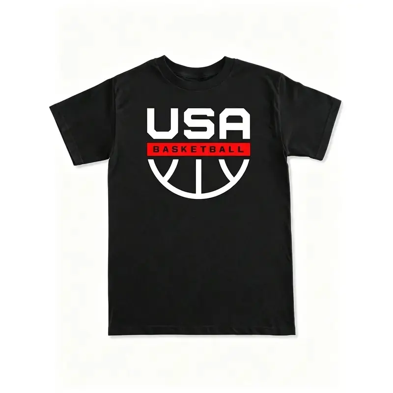 Men's USA Basketball Graphic Crew Neck T-Shirt - Black With Red & White Print, Soft Breathable Fabric, Regular Fit Short Sleeve Tee For Casual Wear