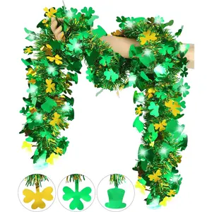 33 FT Gold Green Shamrock Hat Tinsel Garland for Irish St Patricks Day Party Indoor Outdoor Home Decoration