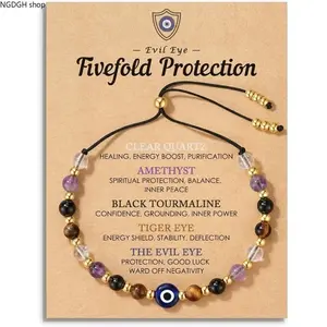 Dainty Evil Eye Bracelet with Genuine Stones, Meaningful Crystals - Adjustable Handcrafted Spiritual Jewelry with Natural Clear Quartz, Amethyst, Black Stone, Tiger Eye,Ideal for Warding Off Negativity & Spiritual Balance
