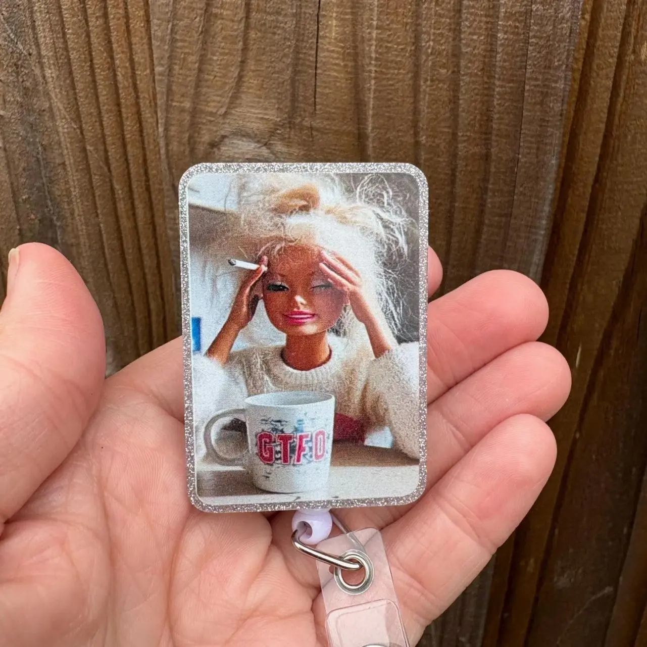 Funny GTFO Doll Face Meme Badge Reel: Nurse, Educator, Office ID Clip
