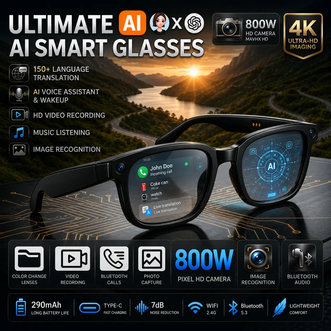 AI Smart Glasses with 8MP Camera - HD Video Recording Glasses with Audio, Wireless Call, Music Playback, Touch Control, Real-Time Translation, AI Object Recognition, Multifunctional Camera Glasses for Men Women, Translation Glasses for Travel & Outdoor