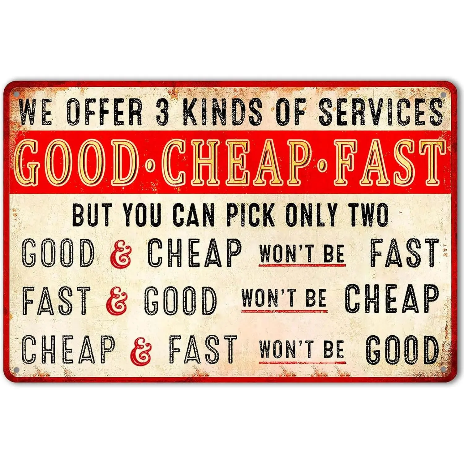 [Aluminum plate signboard]Work Shop Metal Sign Funny Garage Tin Signs Tire Shop Sign Good Cheap Fast Sign Retro Office Metal Signs We Offer 3 Kinds Of Service Sign Humorous Sarcastic Poster 12x8 Inches