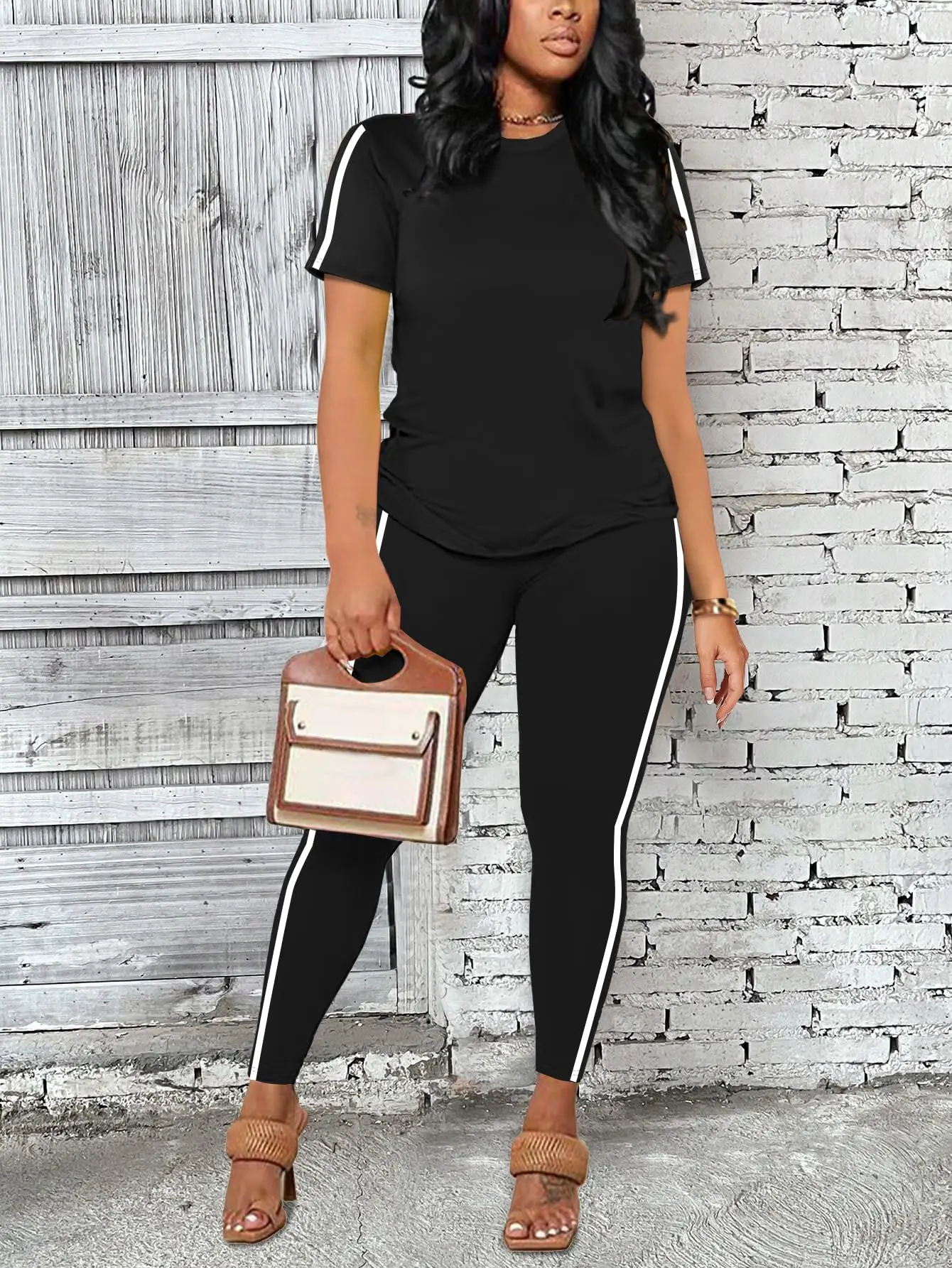 Women's 2 Piece Set, Casual Striped Lounge Set with Short Sleeve Top and Long Sweatpants, Plus Size Summer Athleisure Clothes, Shortsleeve, Women's Clothes