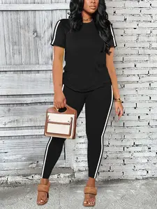 Women's 2 Piece Outfits Sweatsuit Summer Workout Striped Short Sleeve Long Sweatpants Casual Jogging Lounge Set Plus Size