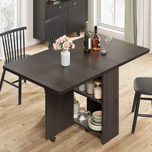 Folding Dining Table, Space Saving Farmhouse Dining Table for 4 Storage Shelf, 6 Wheels Multipose Expandable Kitchen Drop Leaf Table for Small Space (Dark Walnut, 50.1"D x 31.4"W x 29.5"H)