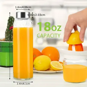 6pcs of 18oz transparent glass bottles, reusable glass water cups with stainless steel bottle caps, brushes and funnels, can be squeezed, put in the refrigerator, 100% leak-proof, no bisphenol A