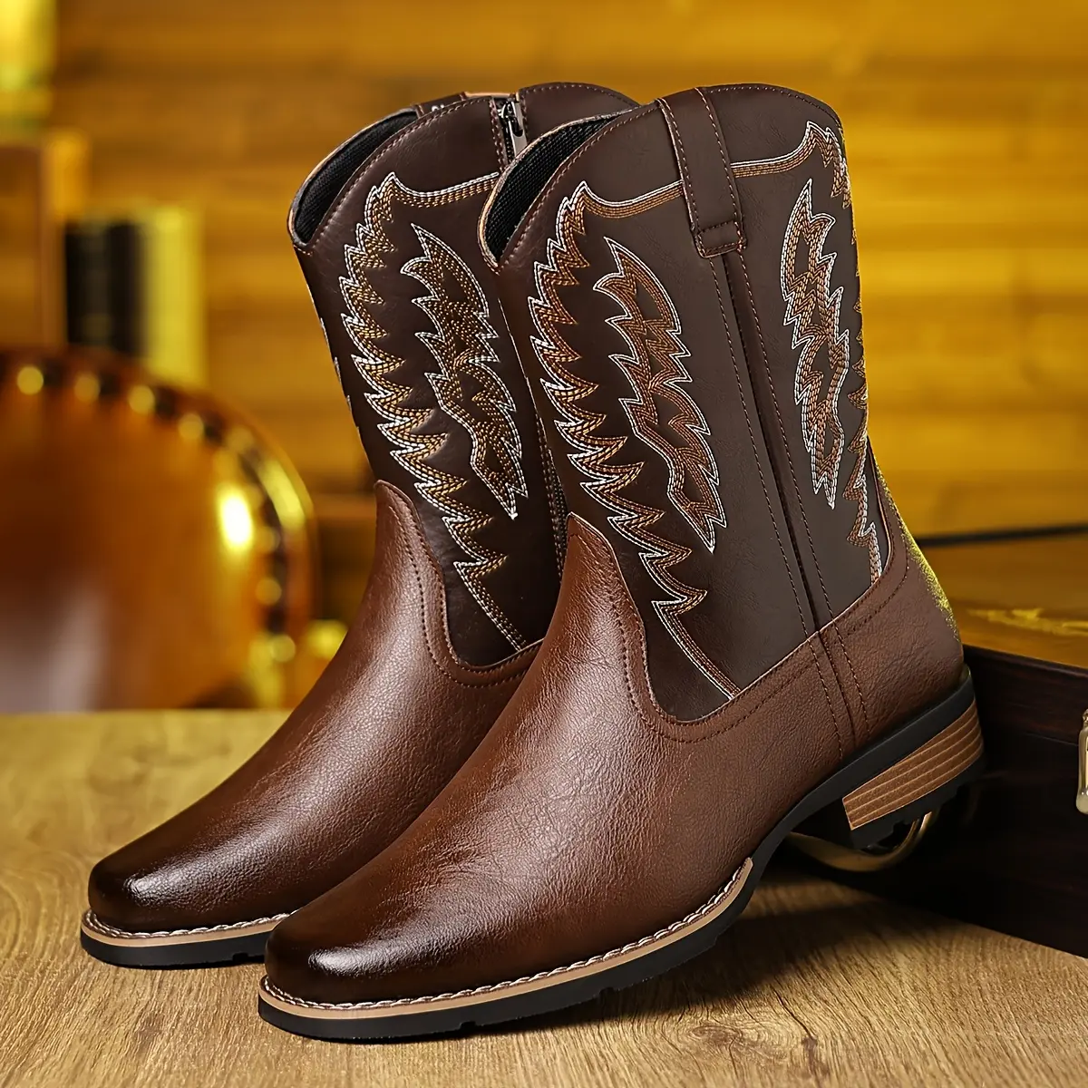 Men's 0805 High-Top Wide Square Toe Cowboy Boots, Stylish Outdoor Equestrian Hunting Footwear with Zipper Design