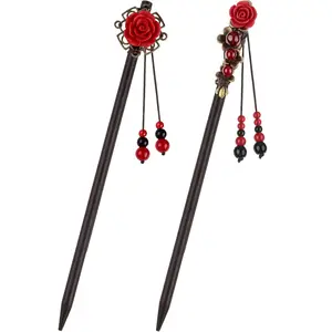 2 Pieces Chinese Wooden Hair Sticks Retro Wooden Hairpins Classic Hair Chopsticks Handmade Flower Hair Accessories for Women Long Hair(Classic Style)