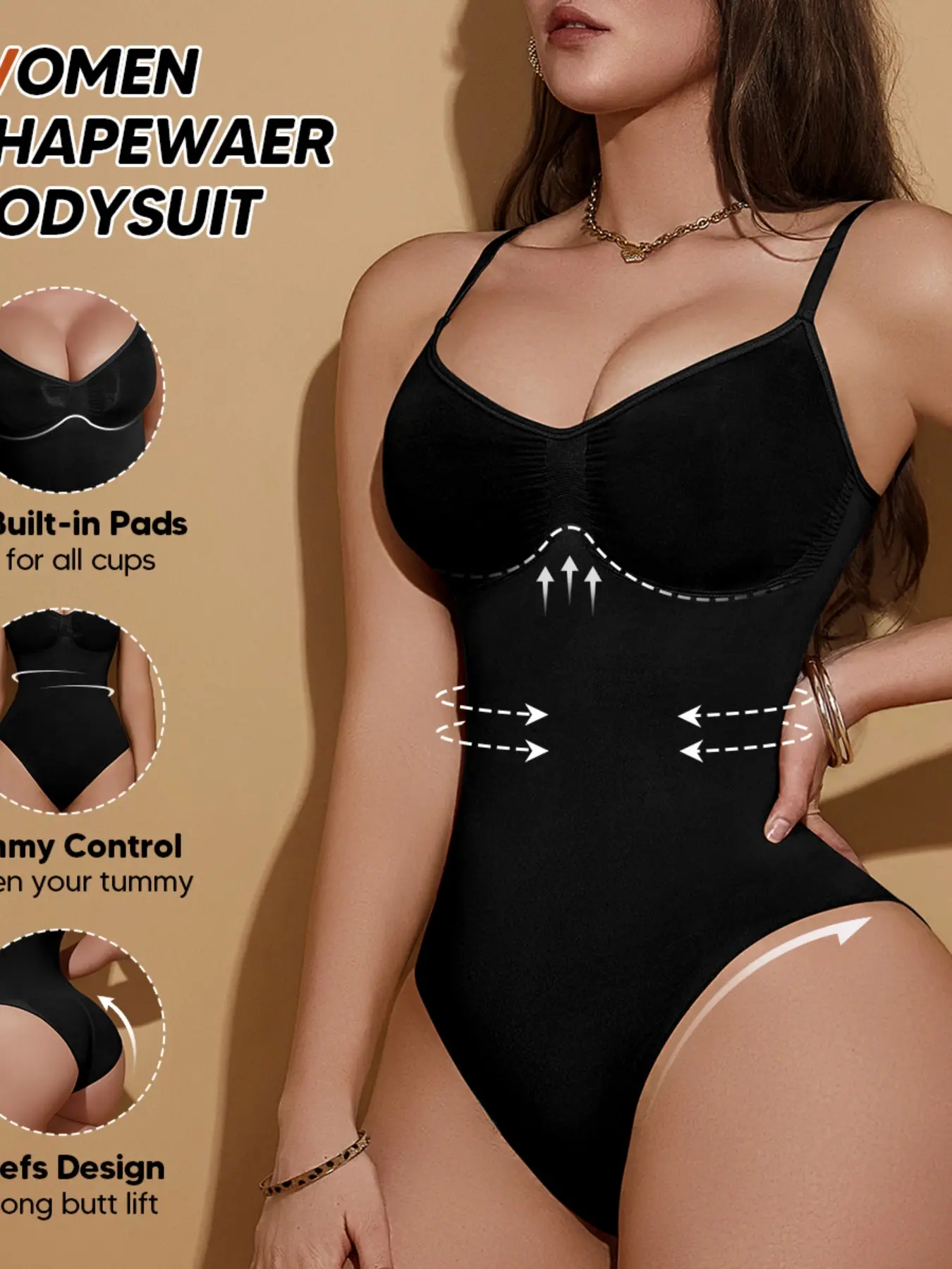 Postpartum Shapewear Bodysuit for Women's Built in Bra Shapewear Bodysuit – No Pads Tummy Control Body Briefer, Strong Butt Lift Camisole Underwear with Straps for All Cups Fit Everyday Essential (Black/Nude/Brown Multi-Packs) Shaper Style