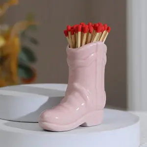 Ceramic Cowboy Boot Standing Stick Holder Match Storage Organiser Box, Cute Bathroom Bedroom Kitchen Decoration Accessory, Perfect Halloween Gift Idea