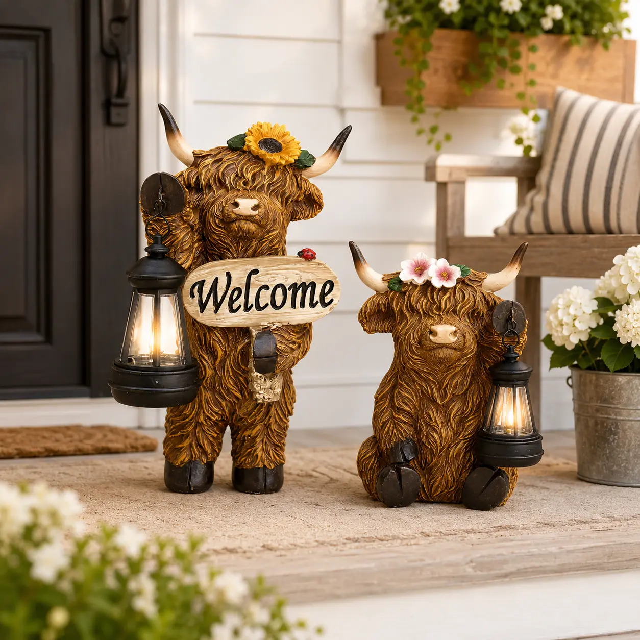Highland Cow Solar Lantern Figurine, Resin Garden Statue with Warm Light, Rustic Outdoor Decor for Porch, Patio, Yard & Garden, Housewarming Gift, White Elephant Gift