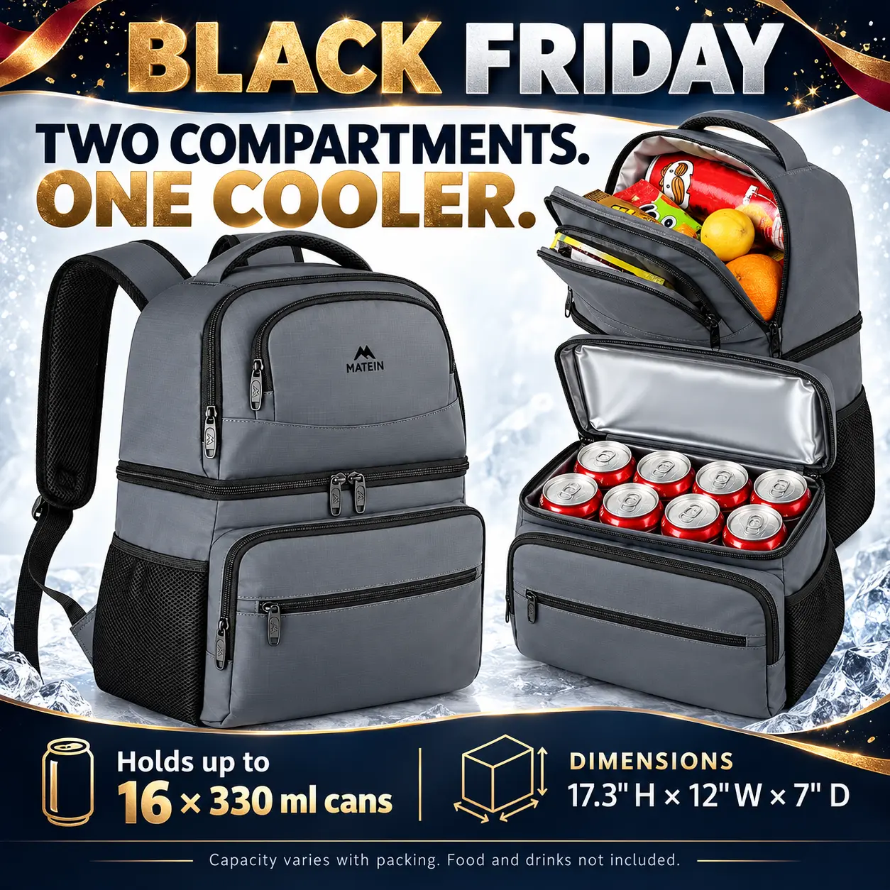【Black Friday】MATEIN Insulated Cooler Backpack, 26-Can Capacity, Multi-Compartment Lunch Bag with Leakproof Insulated Lining, for Work, Picnics, Beach & Camping, Gift for Men