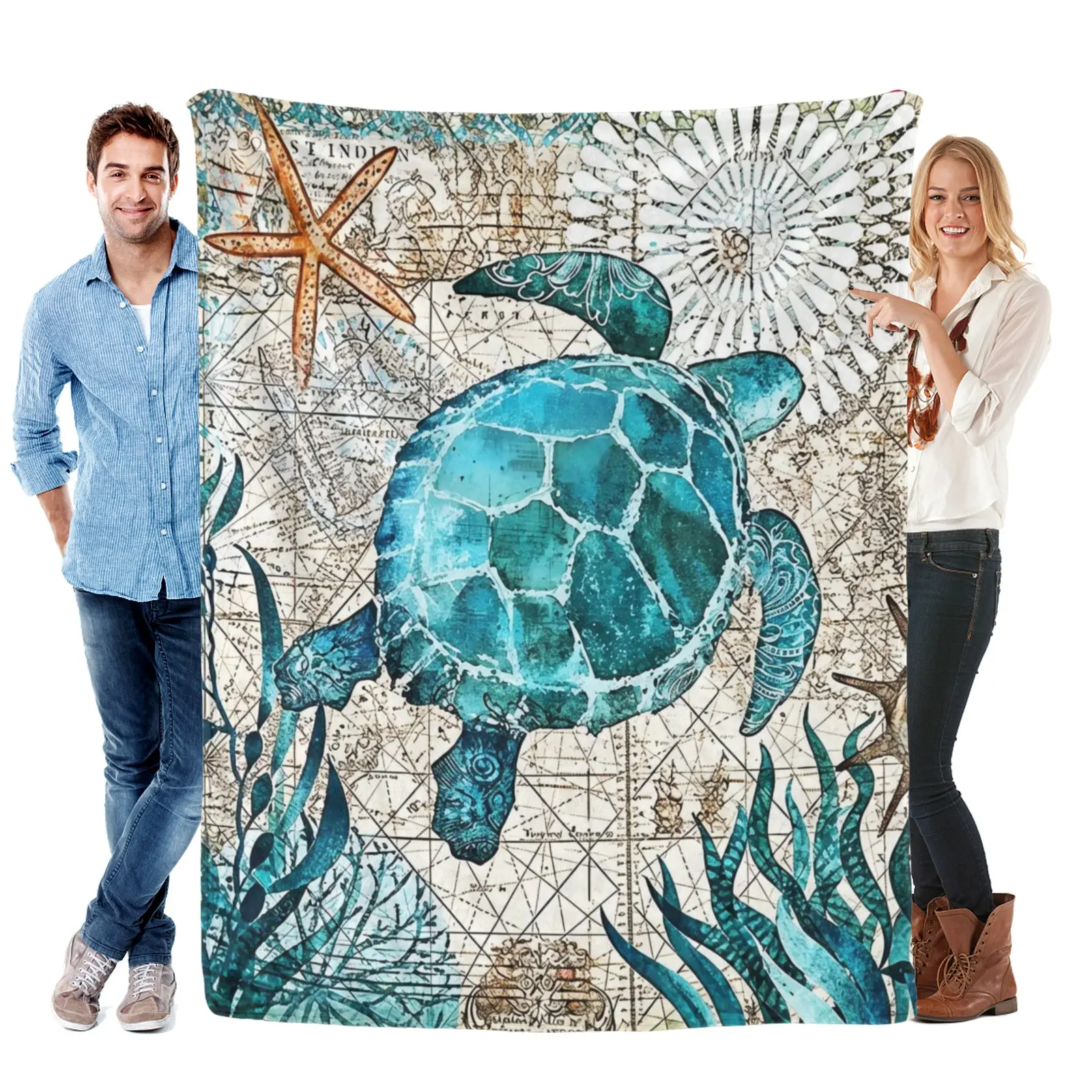 Sea Turtle & Nautical Map Blanket, Coastal Adventure Design, Ideal for Beach Lovers