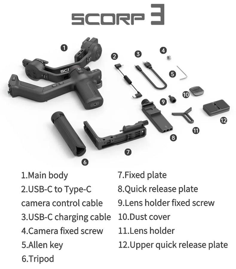 FeiyuTech SCORP 3 Gimbal Stabilizer with AI Tracking, 3-Axis Handheld Stabilizer for Sony Canon DSLR, 3.5kg/7.72lbs Payload, Detachable Wireless Remote Control Handle for Solo Filmmaking