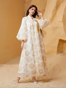 Women's Leaf Pattern Sequins Belted Dress, Elegant Long Sleeve Arabian Dress for Evening Party Holiday Wedding Guest, Ladies Islamic Clothing for All Seasons