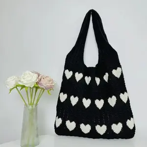 Women Knit Tote Bag Crochet Shoulder Bag Love Heart Pattern Handbags Aesthetic Everyday Knitted Bag Straps for Handbags（gift）