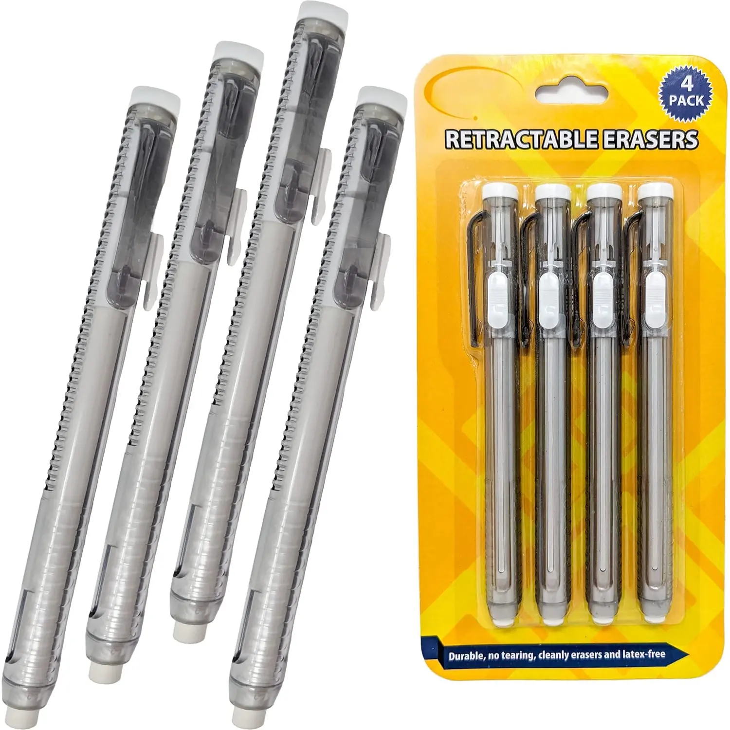 Refillable Retractable Mechanical Pen Erasers (4-Pack) - Latex-Free White Vinyl, Firm and Abrasive, Precision Erasing, 3.74x0.26in, 5.25 inches, 9.5x0.66cm, Manufacturer Warranty, Ideal for Classrooms - Office Stationery Correction Tool