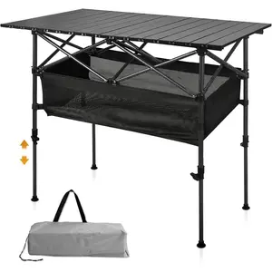 Folding Camping Table, Outdoor Roll-up Table Height Adjustable & Portable Metal Camp Grill Table for Picnic, BBQ, Party, Backyard, Beach, Mesh Storage and Carry Bag (Ash Black, 37.4'' Large)