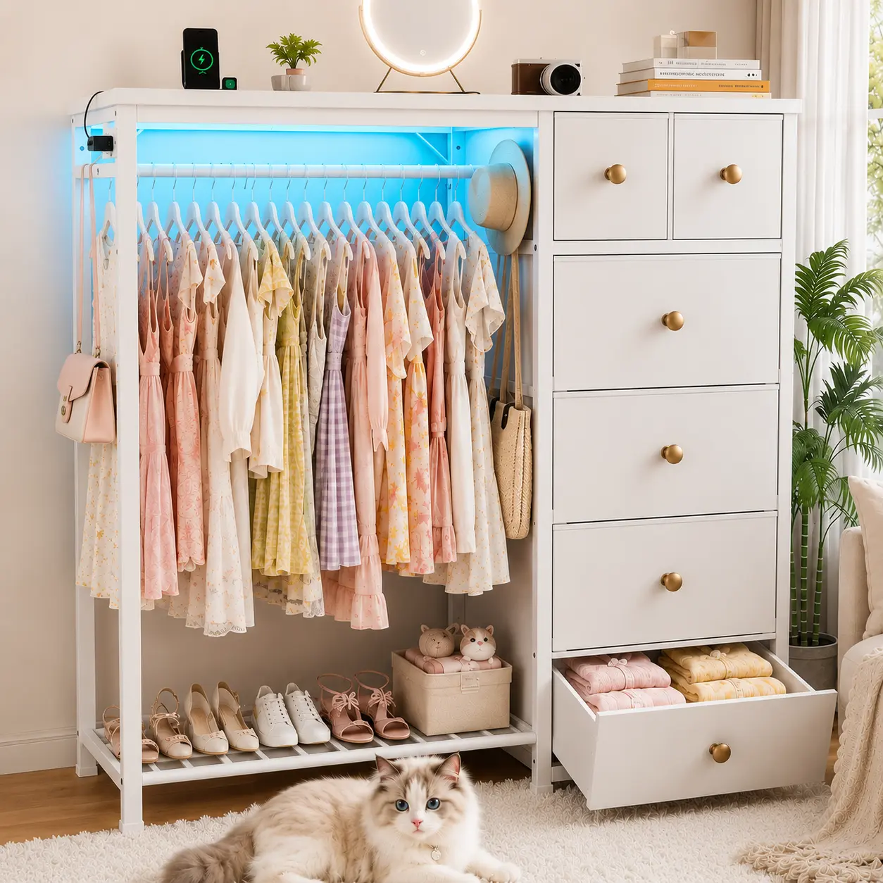 modern dresser with clothing rack Amazon.com: HIGDBFE Tall Dresser 44''H with Hanging Rack, 4 Drawers Small  Closet Dresser for Bedroom, Reversible Fabric Chest of Drawers with Clothes  Rack, Tall Storage Tower, Sturdy Frame, White : Home &
