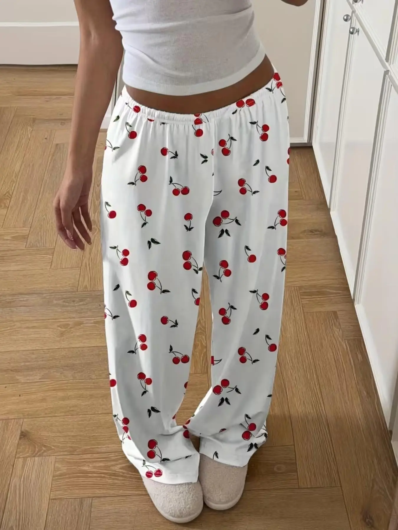 Women's Sweet Cherry Print Casual Pants, Loose Wide Leg Design, Elastic Waistband, Comfortable and Stylish, Perfect for Summer