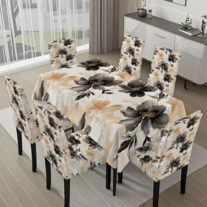 5/7-piece 2D Flat Printing Black and Yellow Floral Pattern Printing Pattern Tablecloth and Chair Cover Set, for dining table and chair decoration, perfect for home, holiday gatherings, restaurants, and parties.