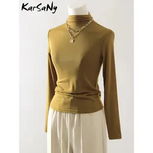 Spring Basic Women's T-shirts Half Turtleneck Slim Casual Pullover Ladies Tops Solid Modal Elastic Tees Long Sleeve For Women