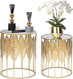 End Tables Set of 2, Gold Nesting Side Coffee Table Decorative Round Nightstands (Stainless Steel Top)