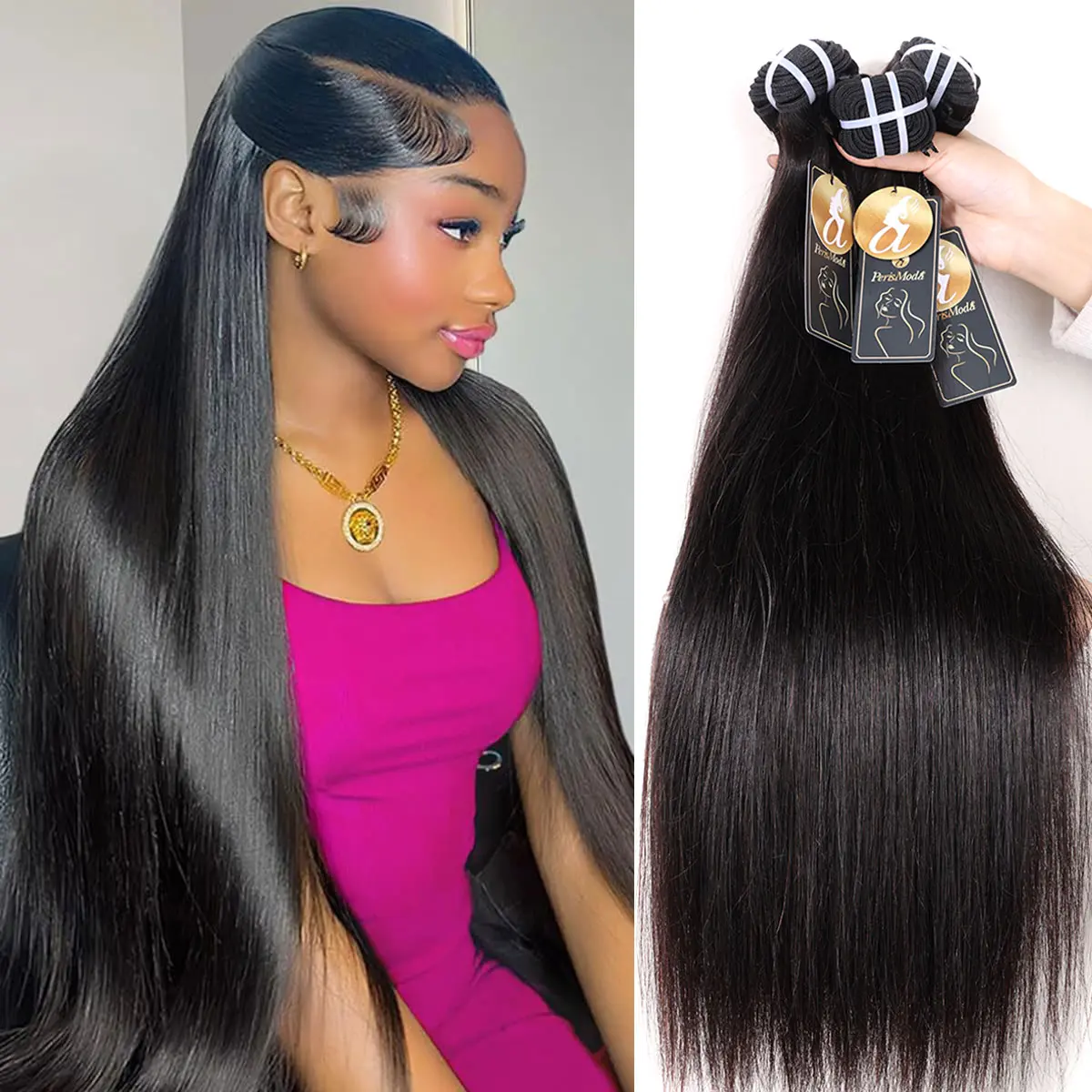 PerisModa Virgin Remy Human Hair Bundles, 15A Silky Straight Brazilian Machine Wefts, 12-32in Natural Color Extensions, Long-Lasting Multiple Lengths, 1/3/4 Pcs for Black Women