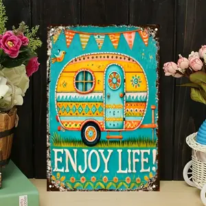 Happiness Camper "Enjoy Life" Sign, Vintage Travel Trailer Campground Decor, Aluminum Metal Sign for RV Campsite, Fire Pit Gathering, Gift 20x30cm - Pack of 1 Palette&Wall Vintage Tin Sign Vintage Humor Metal Sign Vintage Highland Tin Sign