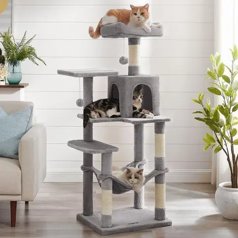 Feandrea 44.1-Inch Cat Tower for Indoor Cats, Multi-Level Cat Condo with 4 Scratching Posts, 2 Perches, Hammock, Cave