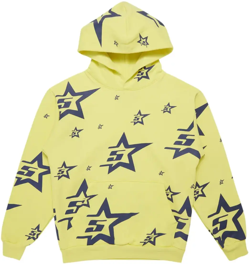 Hot Hip Hop Spider Y2K Hoodie in Yellow, 5 Star Graphic Oversized Pullover, Gothic Streetwear Sweatshirt for Men & Women