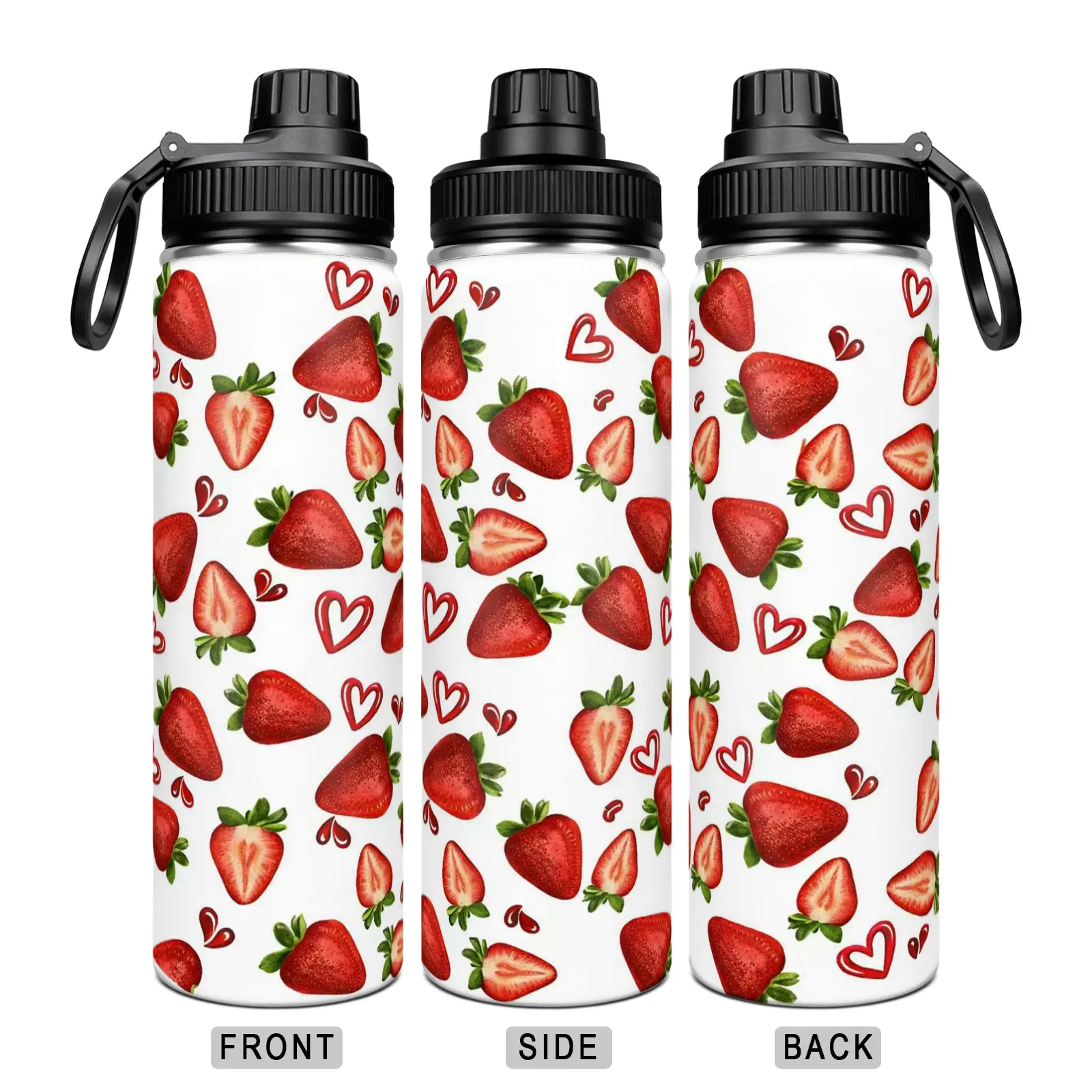 22oz Strawberry Fruit Print Insulated Cup, Thermo Tumbler, Insulation, Strawberry Pattern, Handle Design, 304 Stainless Steel Double Wall Vacuum Flask, Outdoor Sports Water Bottle, Student Water Cup, Birthday Gift, Drinkware