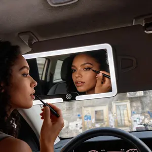 Car Interior LED Visor Mirror, HD Clear Glass, Magnetic Detachable, Rechargeable Tri-Color Light, Universal Fit for All Automobiles