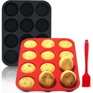 Muffin Pan Set,2 Pcs 2.8" 12 Cups Egg Bite Mold,Non-Stick,Easy Release,For Egg Muffins, Cupcakes, Large Muffins,Pizza Muffins,Cheesecakes(Black + Red)