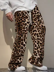 Unisex Street Style Leopard Fleece Wide Leg Pants, Bottoms, Soft Rabbit Fur Fabric, Fall & Winter Warm Comfort, Hip Hop Fashion for Daily Wear