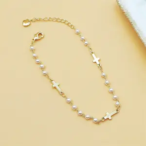 Dainty Cross Charm Bracelet , Imitation Pearl Stainless Steel Bracelet, Religious Jewelry for Easter Baptism Gifts